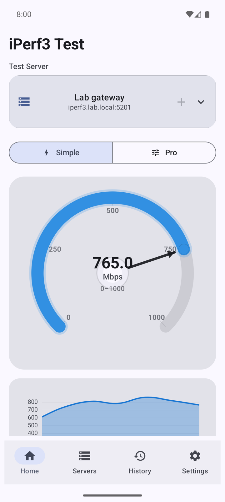 iPerf3 for Android live throughput dashboard with speedometer and chart