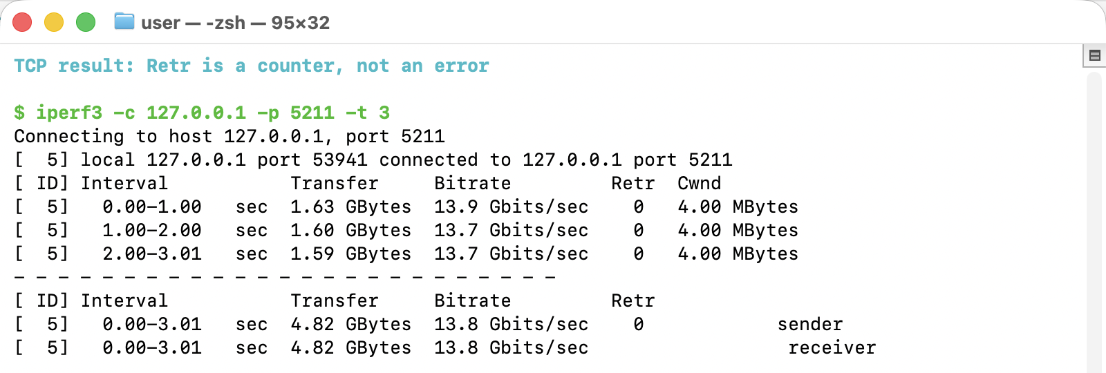 Real iperf3 TCP output with the Retr column beside bitrate and congestion window