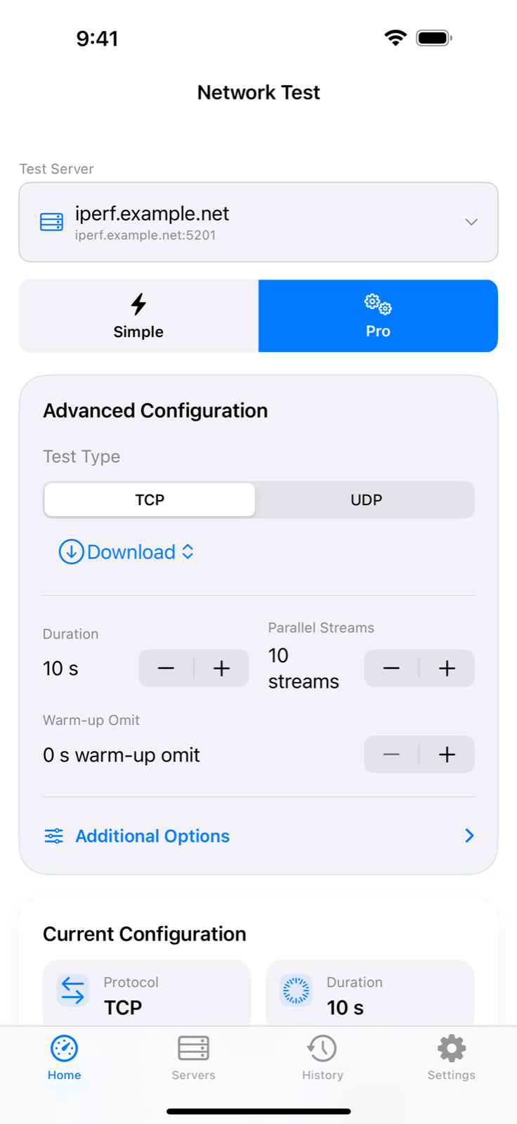 iPerf3 Client & Server iPhone advanced TCP and UDP controls