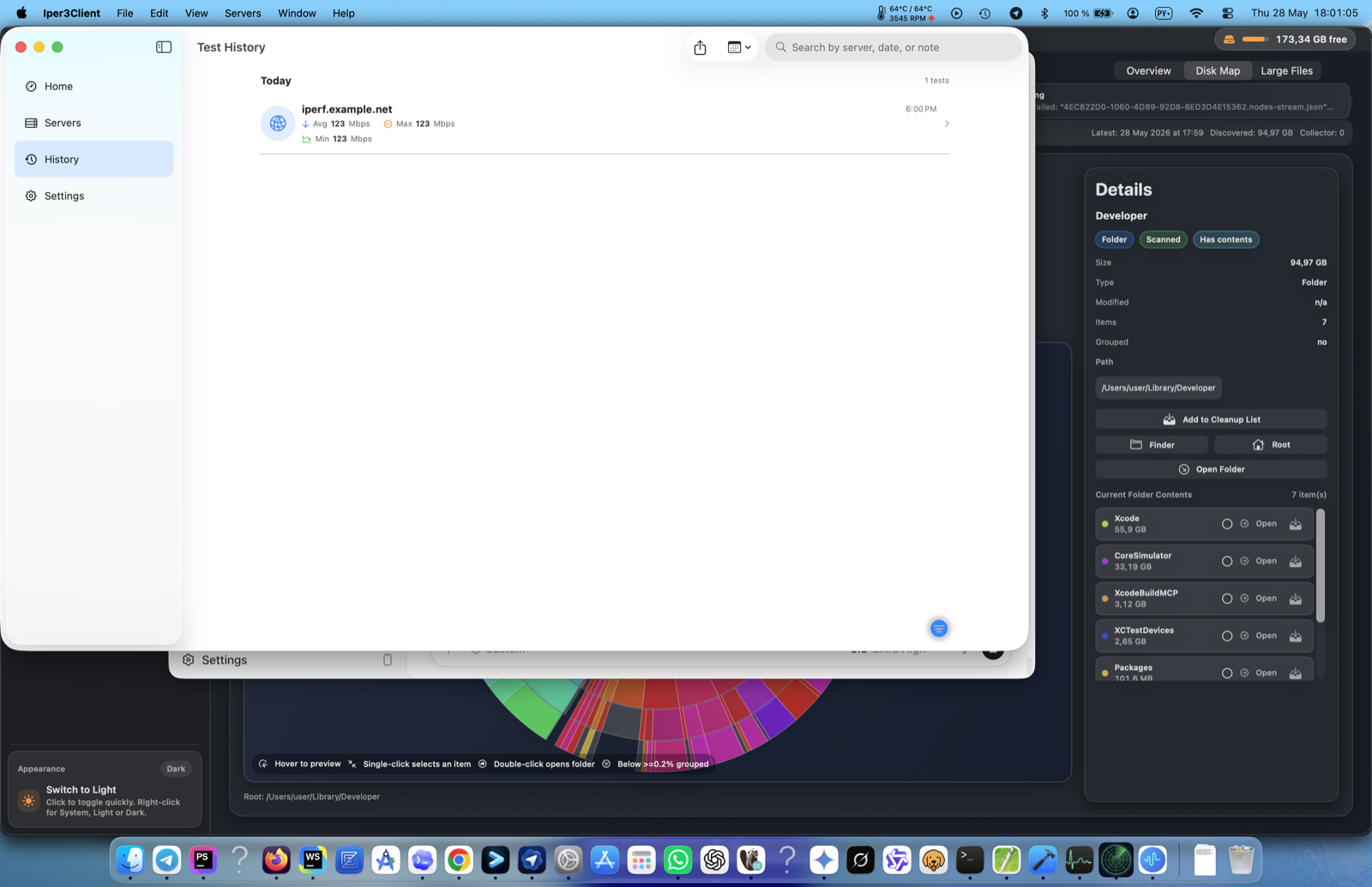 iPerf3 for Mac test history showing saved homelab benchmarking sessions