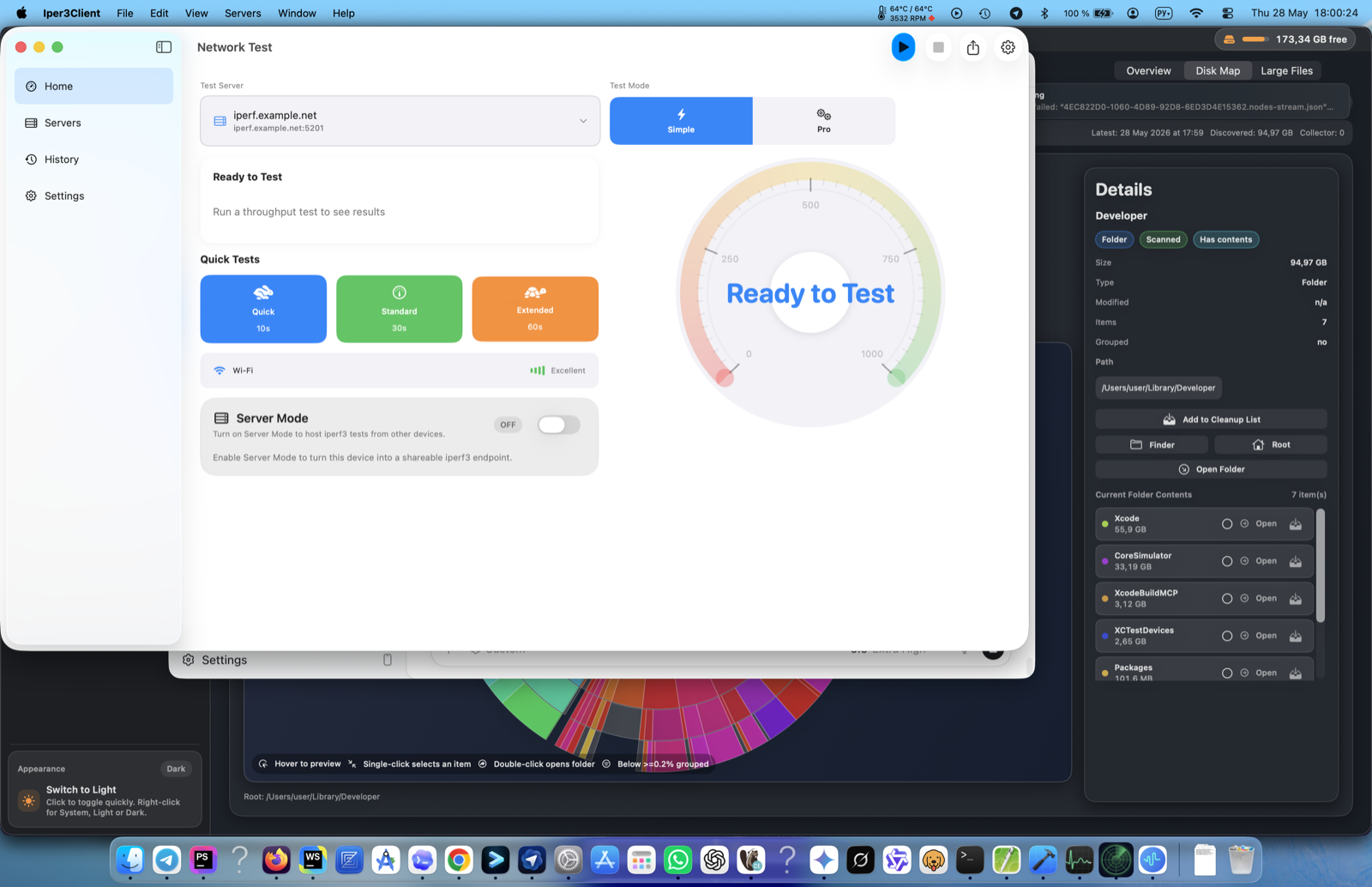 iPerf3 for Mac live throughput dashboard running a local network test