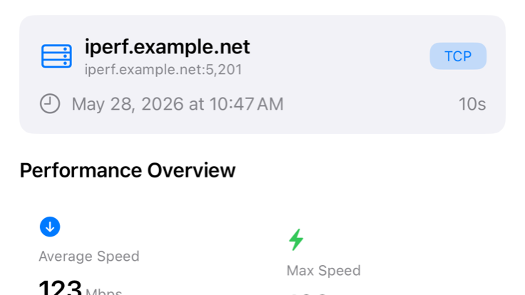 iPerf3 iPhone test details after a LAN throughput test