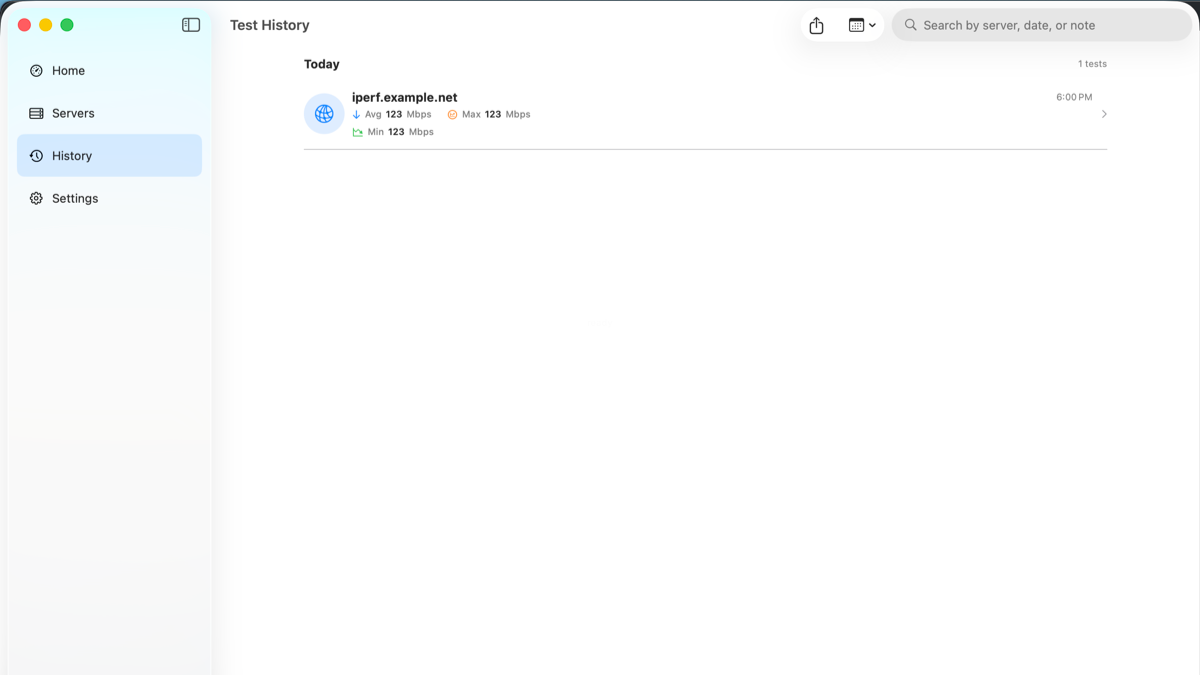 iPerf3 for Mac test history showing saved homelab benchmarking sessions