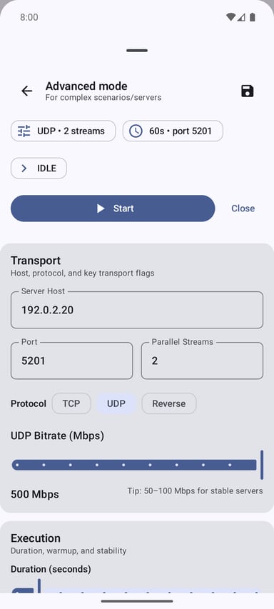 iPerf3 for Android advanced mode with UDP, duration, server host, port, streams, bitrate, and execution controls