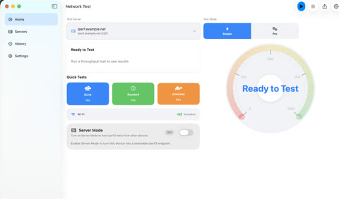 iPerf3 for Mac home dashboard with a selected test server, quick tests, server mode, and speedometer