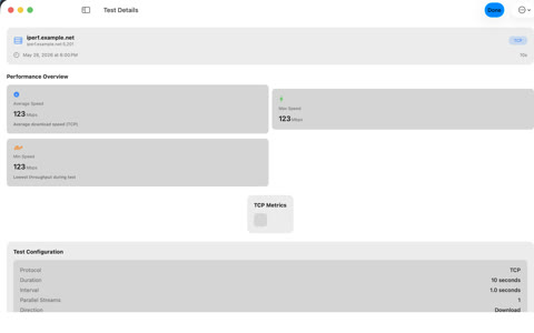 iPerf3 for Mac detailed test result with throughput, TCP metrics, and test configuration