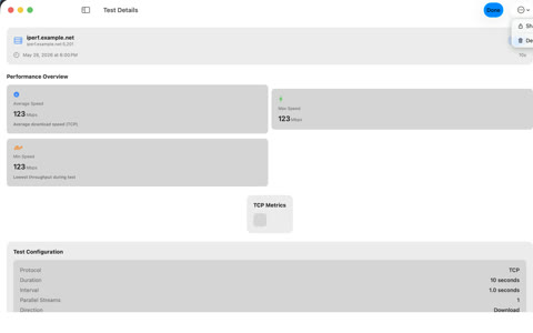 iPerf3 for Mac result detail with export and share controls for saved test data