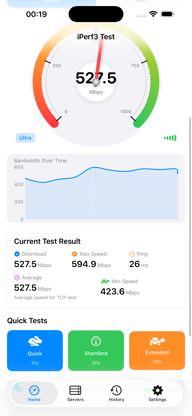 Running TCP bandwidth test with live throughput metrics