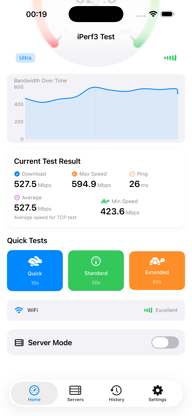 Server selection screen with public iPerf3 server catalog