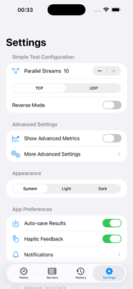 Settings and CSV/JSON export options